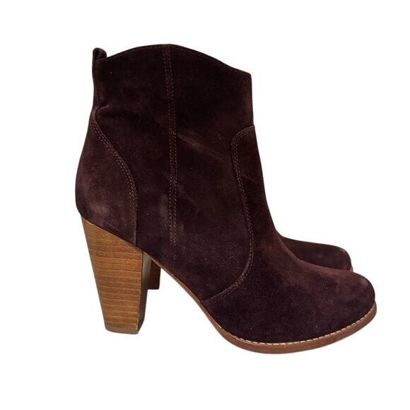 Joie Shoes - Joie Maroon Suede Zip Heeled Ankle Boots Size 38 US 8 Stacked Heel Western Chic